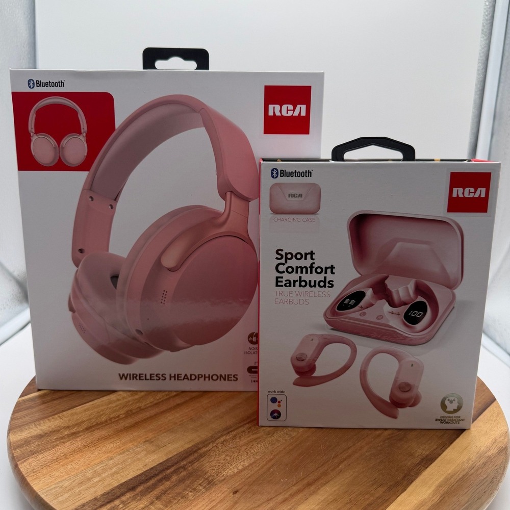 RCA‎ Pink Wireless Headphones WAVE-58 & Sport Comfort Earbuds Bluetooth Bundle